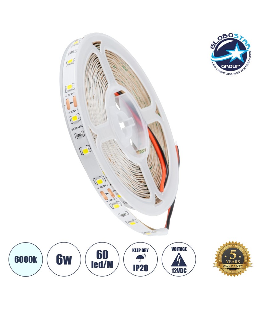 GLOBOSTAR® LILAC 70140 Ταινία LED 6W-m 660lm-m 120° DC 12V IP20 60 x SMD2835 Chip-m Ψυχρό Λευκό 6000K Dimmable - Sanan SMD Chip - Μ500 x Π0.8 x Υ0.1cm - Ρολό 5 Μέτρων - 5 Χρόνια Εγγύηση